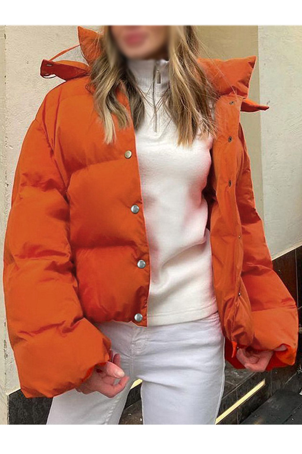 Women Awesome Snap Button Closure Long Sleeve Hooded Comfy Fashionic Winter Padded Jacket