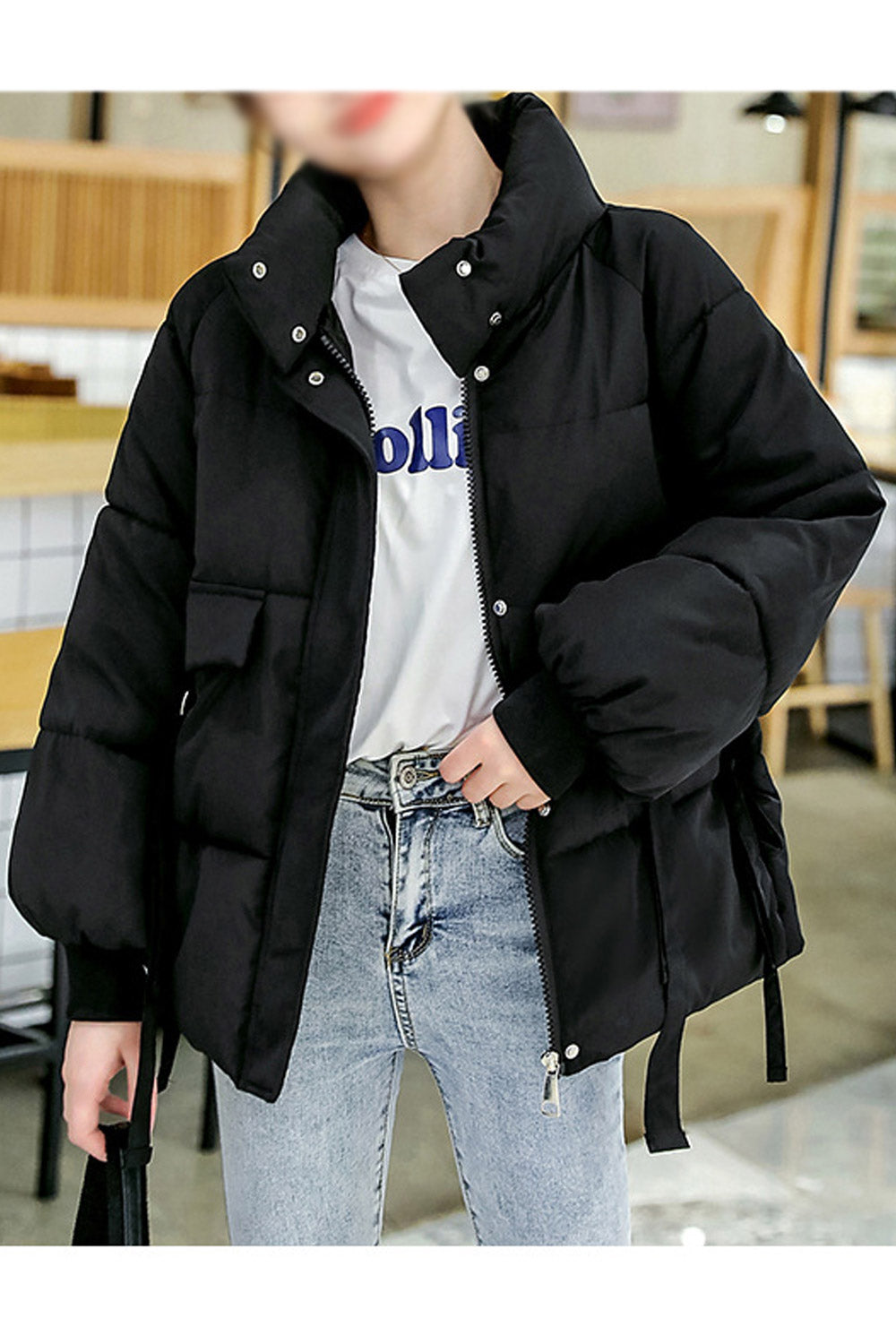 Women Comfy Stand Collar Ribbed Cuff Flap Pockets Superb Solid Colored Winter Padded Jacketz