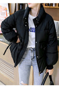 Women Comfy Stand Collar Ribbed Cuff Flap Pockets Superb Solid Colored Winter Padded Jacketz