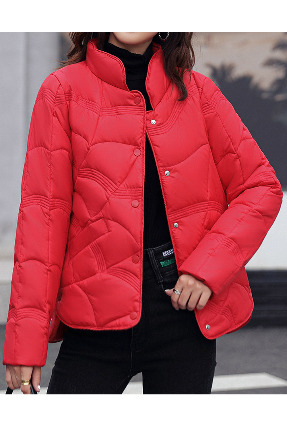 Women Superb Design Snap Button Closure Stand Collar Attractive Winter Warm Padded Jacket