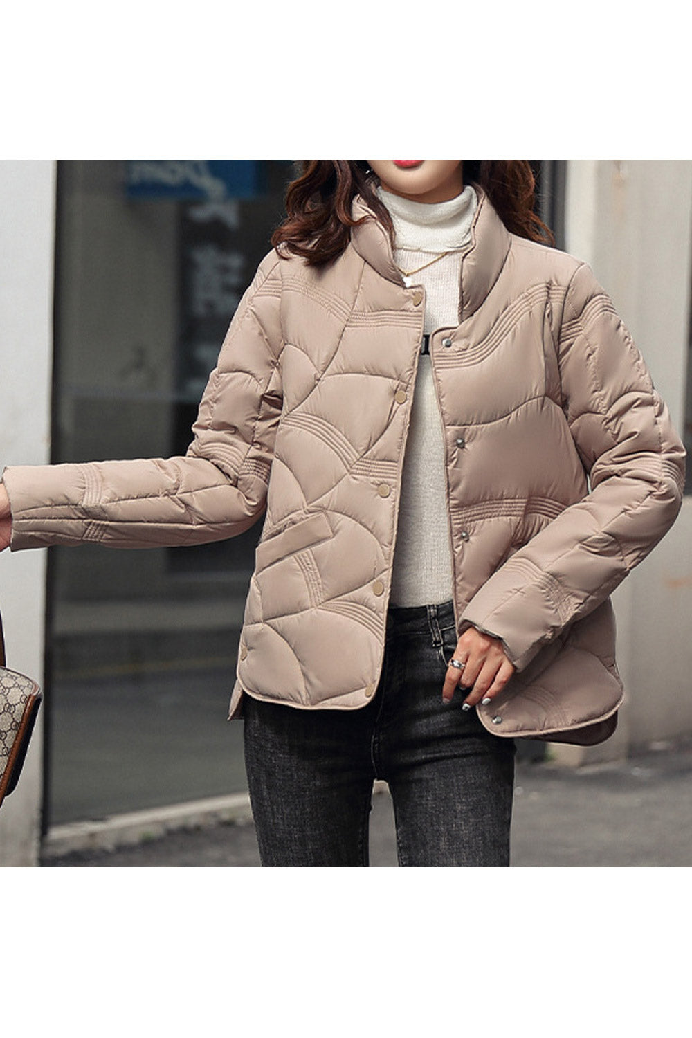 Women Superb Design Snap Button Closure Stand Collar Attractive Winter Warm Padded Jacket