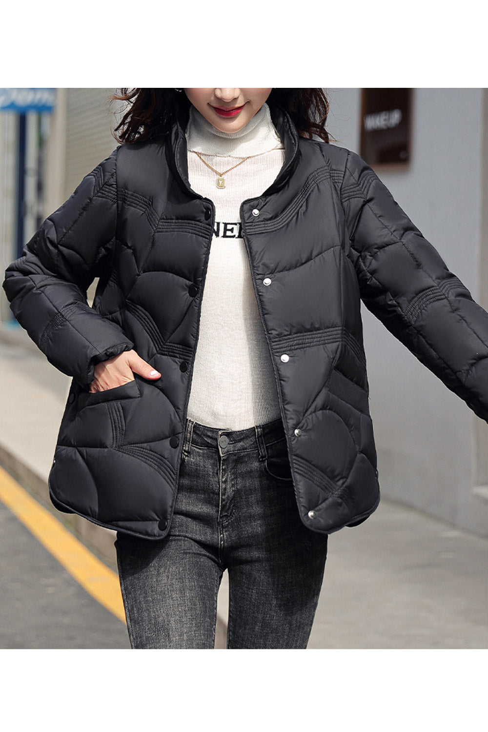 Women Superb Design Snap Button Closure Stand Collar Attractive Winter Warm Padded Jacket