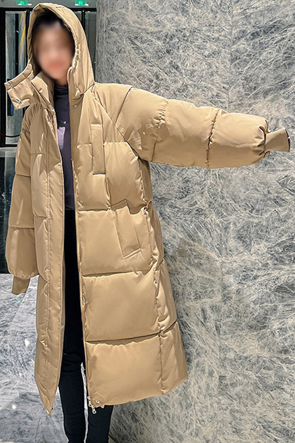 Women Fully Protective Below Knee Length Warm & Thick Hooded Neck Pacifying Winter Padded Jacket