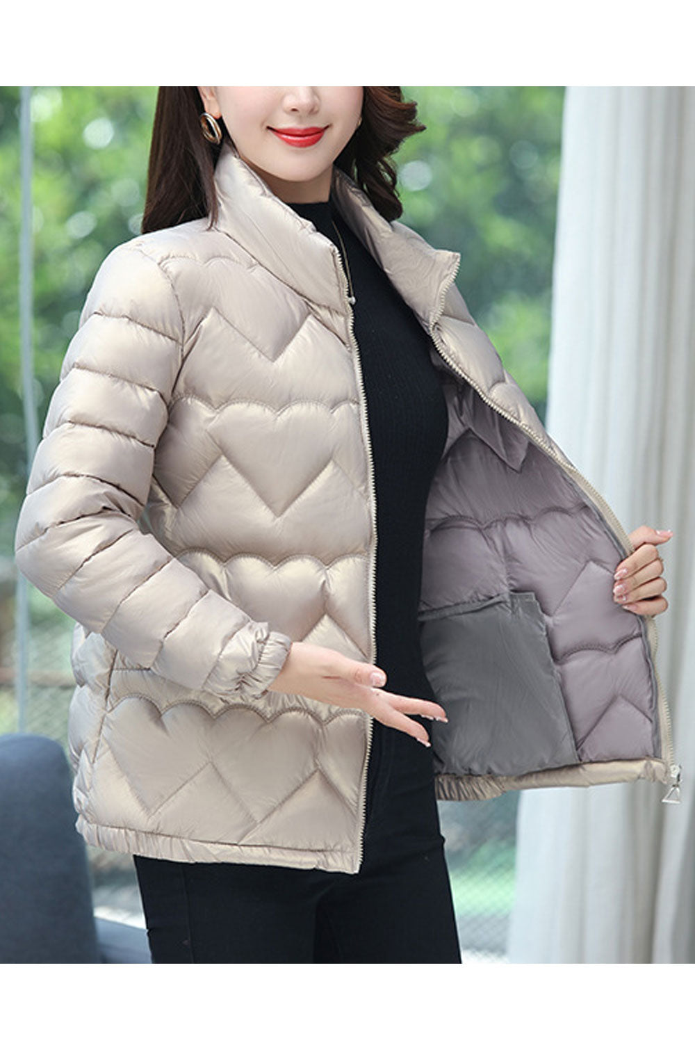 Women Alluring Heart Shape Stitched Designed Stand Coolar Reslaxful Winter Warm Padded Jacket