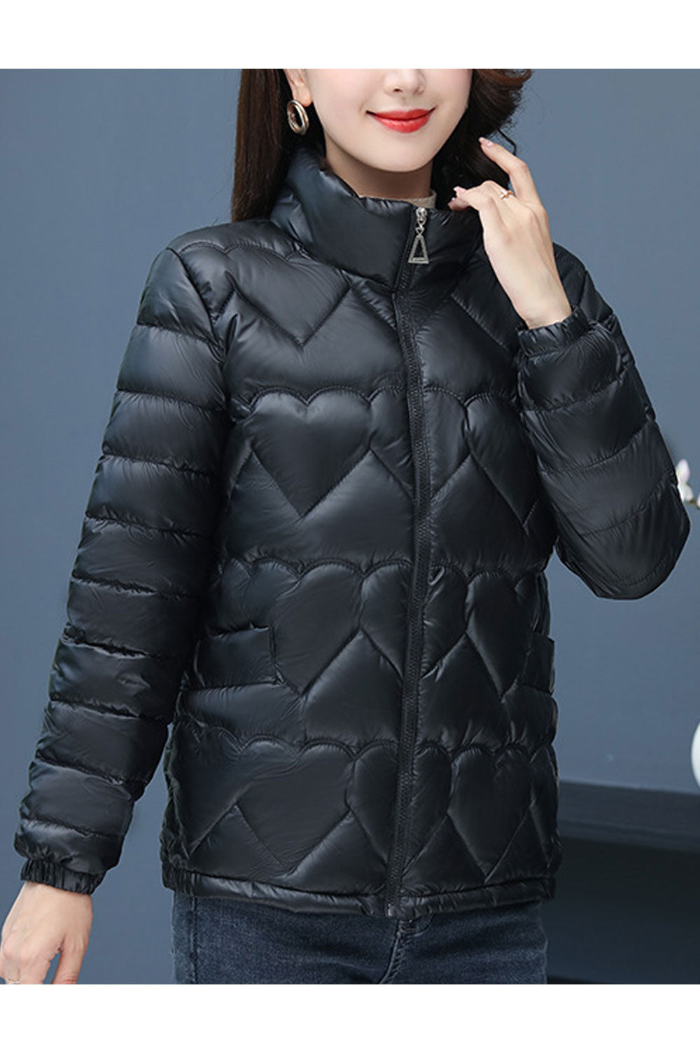 Women Alluring Heart Shape Stitched Designed Stand Coolar Reslaxful Winter Warm Padded Jacket