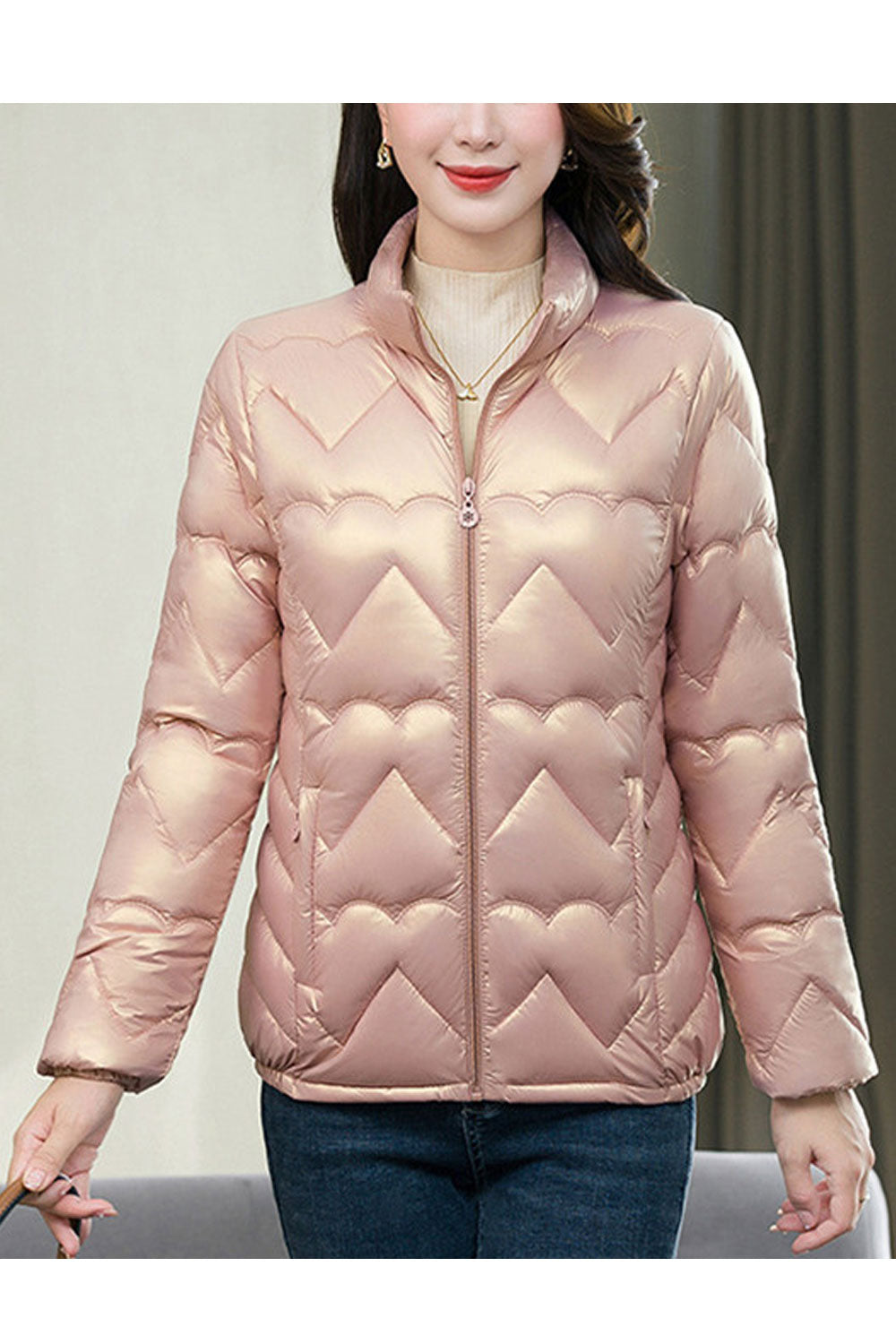 Women Alluring Heart Shape Stitched Designed Stand Coolar Reslaxful Winter Warm Padded Jacket