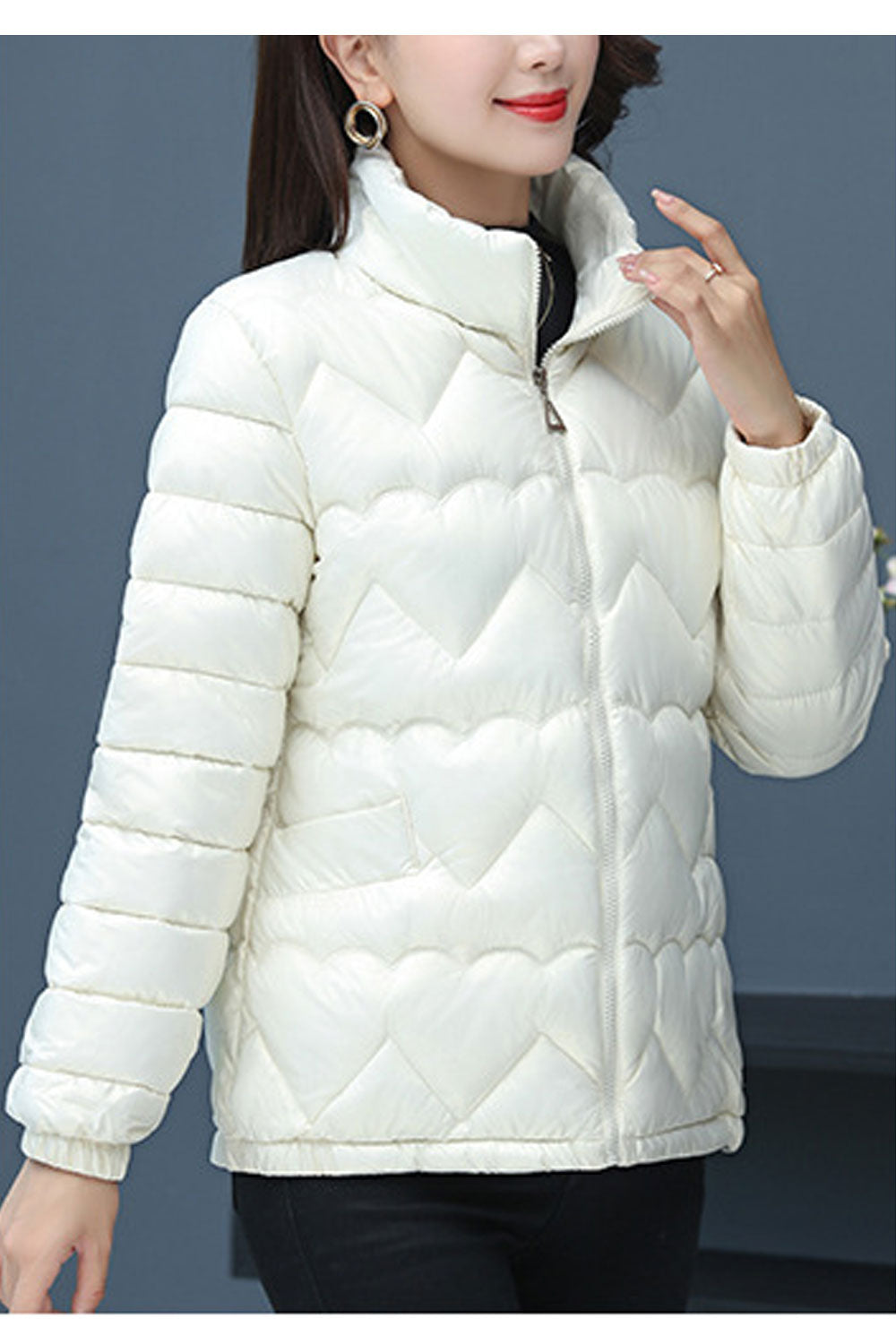 Women Alluring Heart Shape Stitched Designed Stand Coolar Reslaxful Winter Warm Padded Jacket