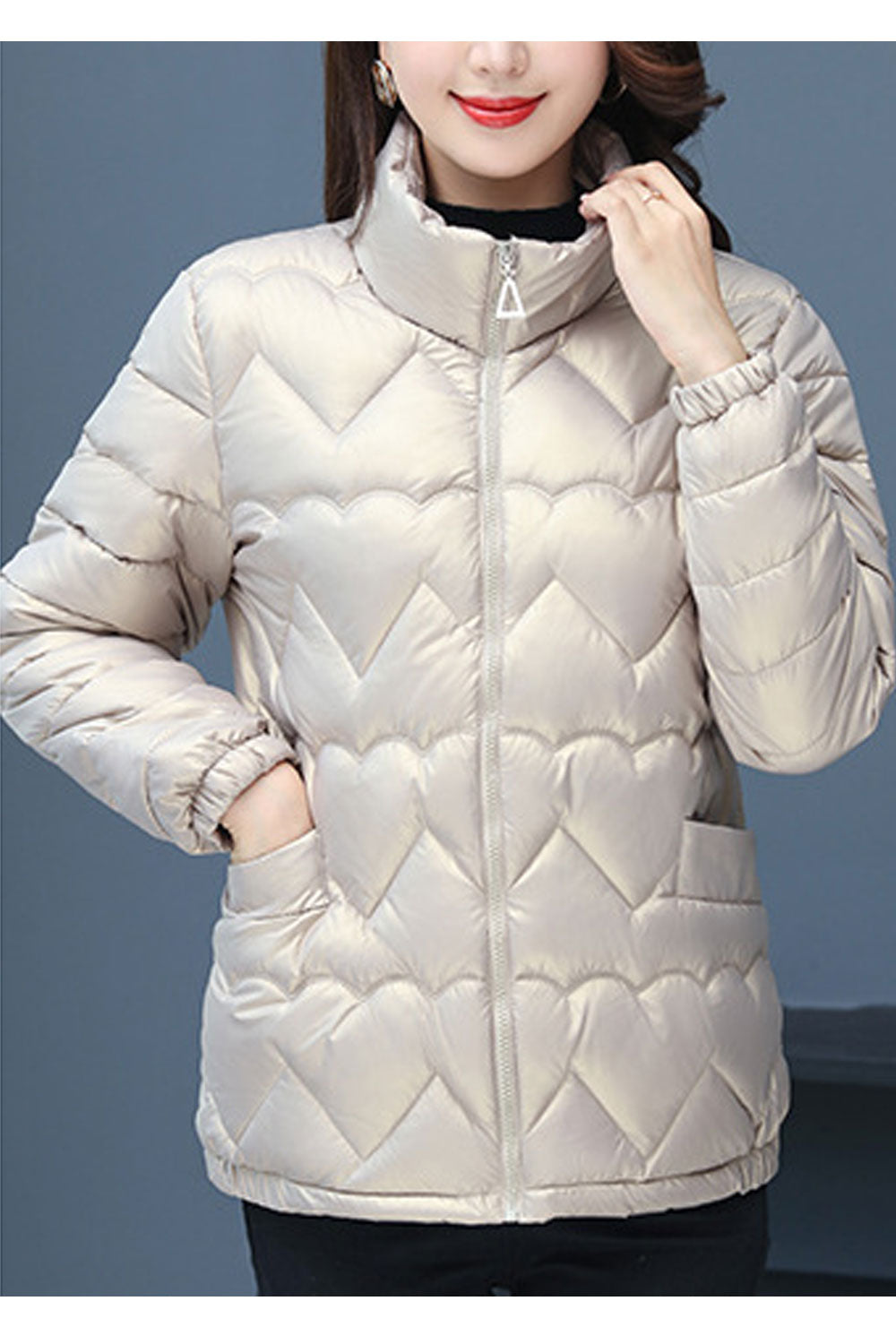 Women Alluring Heart Shape Stitched Designed Stand Coolar Reslaxful Winter Warm Padded Jacket