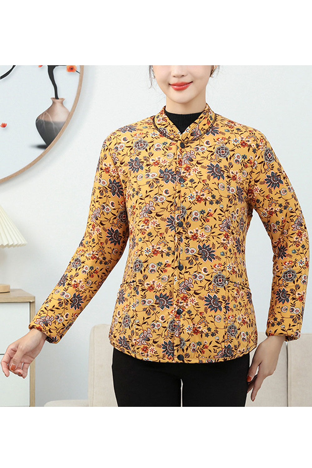 Women Stylish Printed Stand Collar Button Closure Fascinating Comfort Providing Winter Warm Padded Jacket