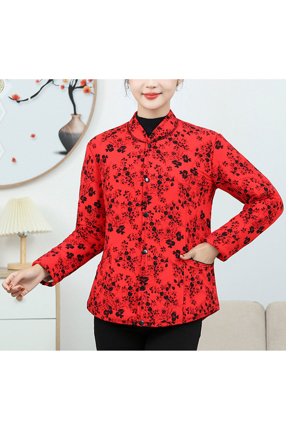 Women Stylish Printed Stand Collar Button Closure Fascinating Comfort Providing Winter Warm Padded Jacket
