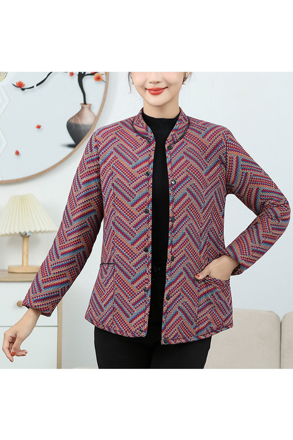 Women Stylish Printed Stand Collar Button Closure Fascinating Comfort Providing Winter Warm Padded Jacket