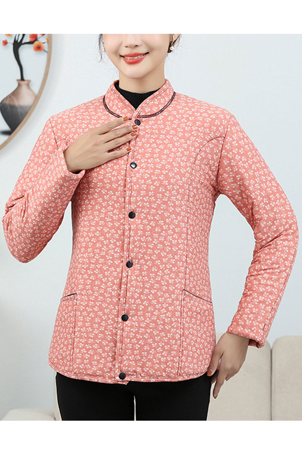Women Stylish Printed Stand Collar Button Closure Fascinating Comfort Providing Winter Warm Padded Jacket