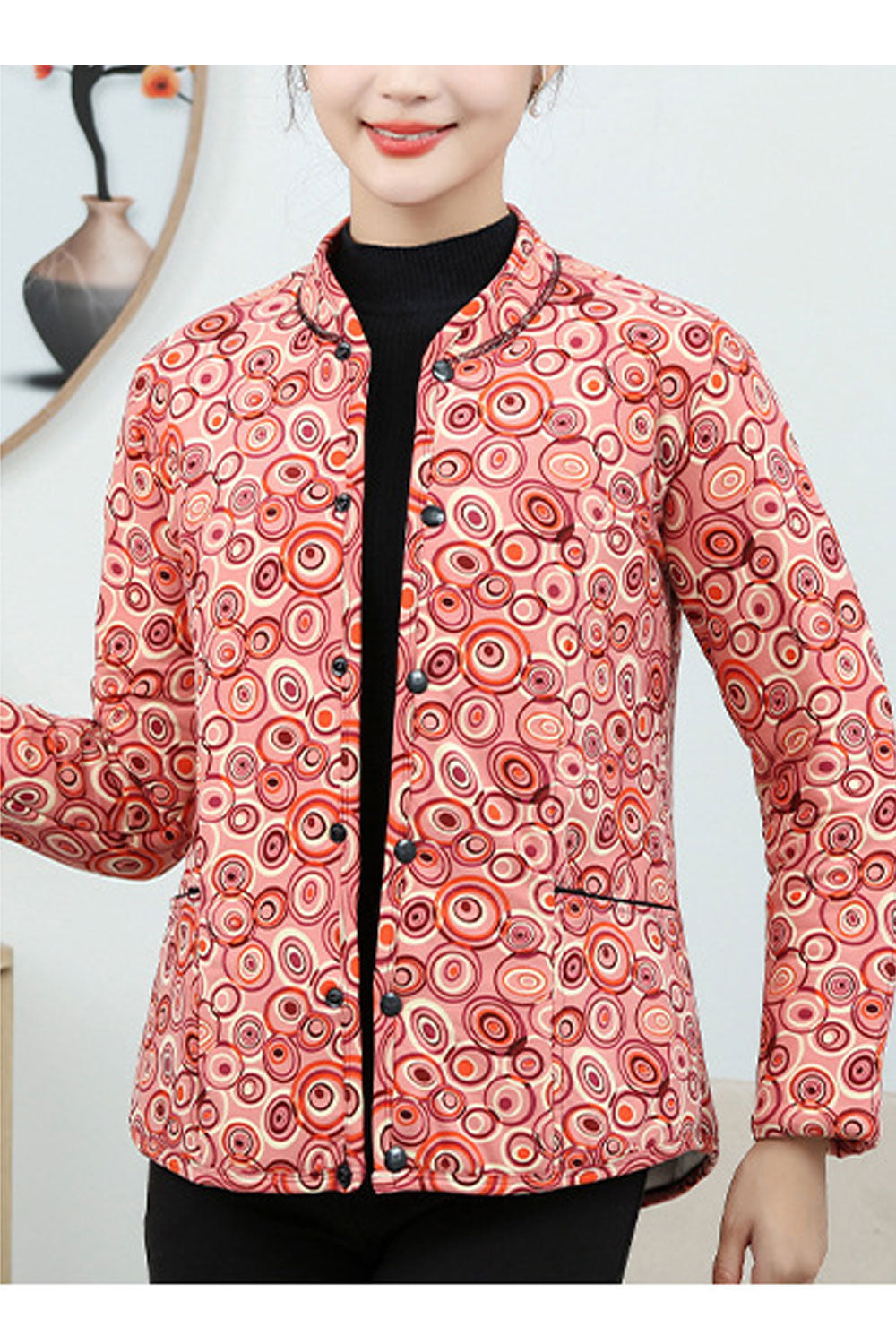 Women Stylish Printed Stand Collar Button Closure Fascinating Comfort Providing Winter Warm Padded Jacket