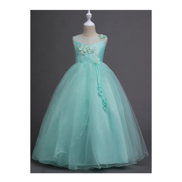 Kids Girls Lovely Thin Round Neck Sleeveless Flower Decorated Princess Dress