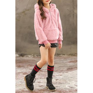 Kids Girls Zipper Hat Neck Fluffy Jacket