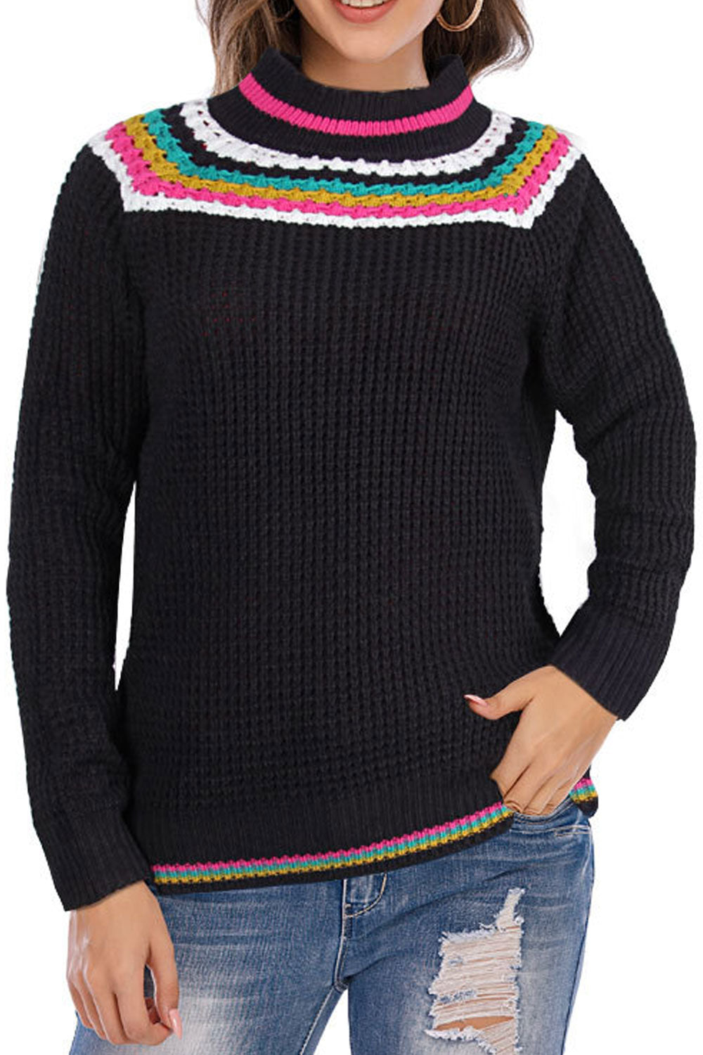 Women Lovely Round Neck Stripe Pattern Long Sleeve Knitted Warm Winter Sweater