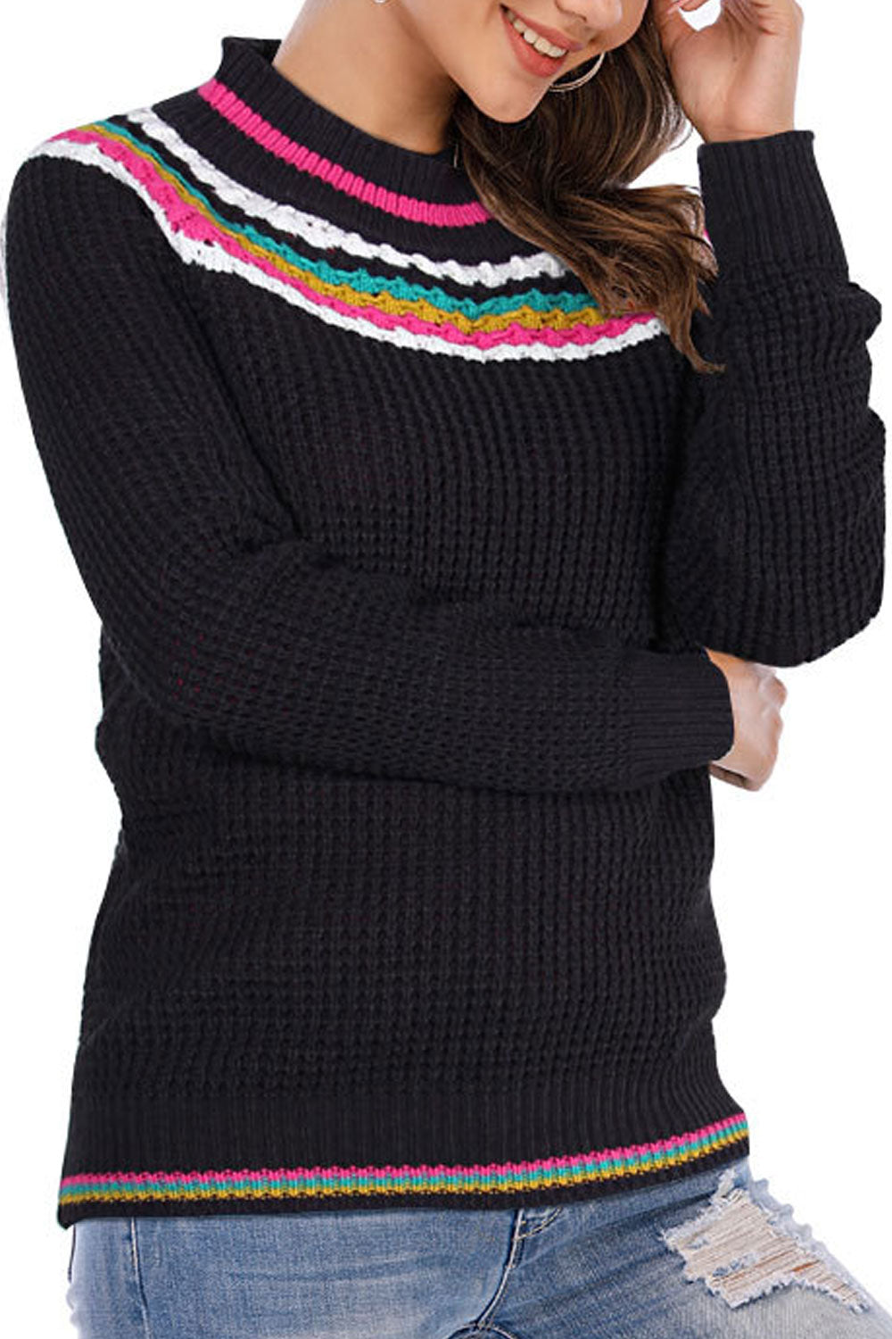 Women Lovely Round Neck Stripe Pattern Long Sleeve Knitted Warm Winter Sweater