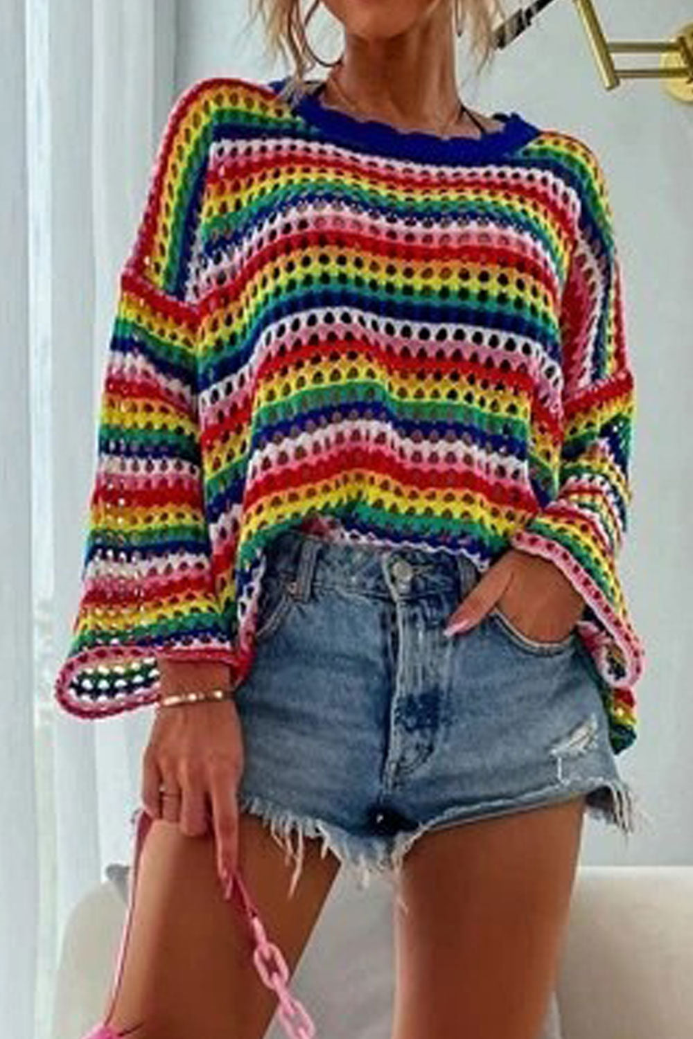 Women Fancy Hole Knitted Colorful Stripe Pattern Modern Pullover Warm Winter Sweater