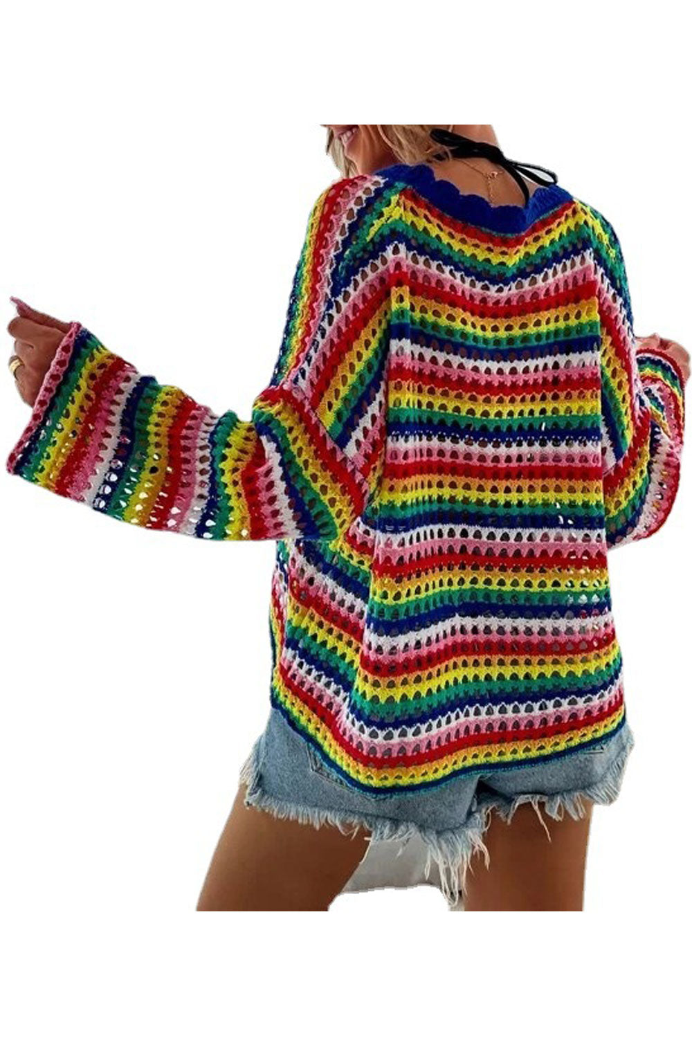 Women Fancy Hole Knitted Colorful Stripe Pattern Modern Pullover Warm Winter Sweater