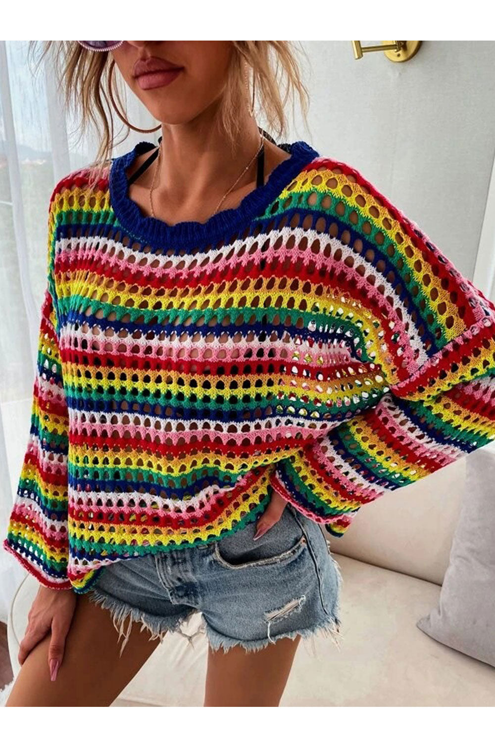 Women Fancy Hole Knitted Colorful Stripe Pattern Modern Pullover Warm Winter Sweater