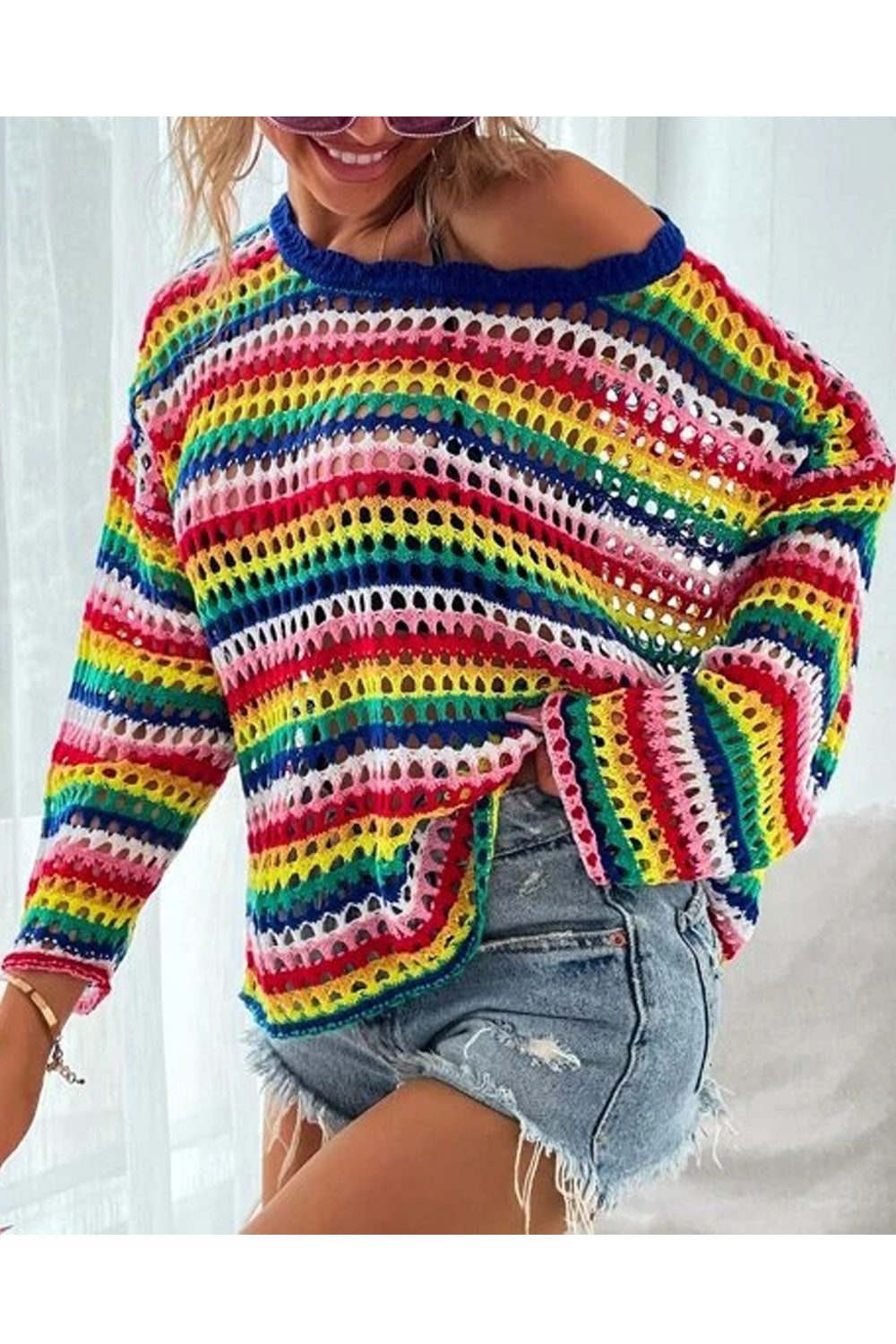 Women Fancy Hole Knitted Colorful Stripe Pattern Modern Pullover Warm Winter Sweater