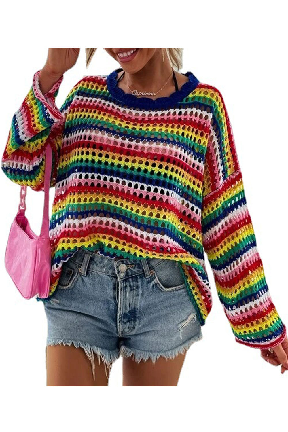 Women Fancy Hole Knitted Colorful Stripe Pattern Modern Pullover Warm Winter Sweater