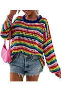 Women Fancy Hole Knitted Colorful Stripe Pattern Modern Pullover Warm Winter Sweater