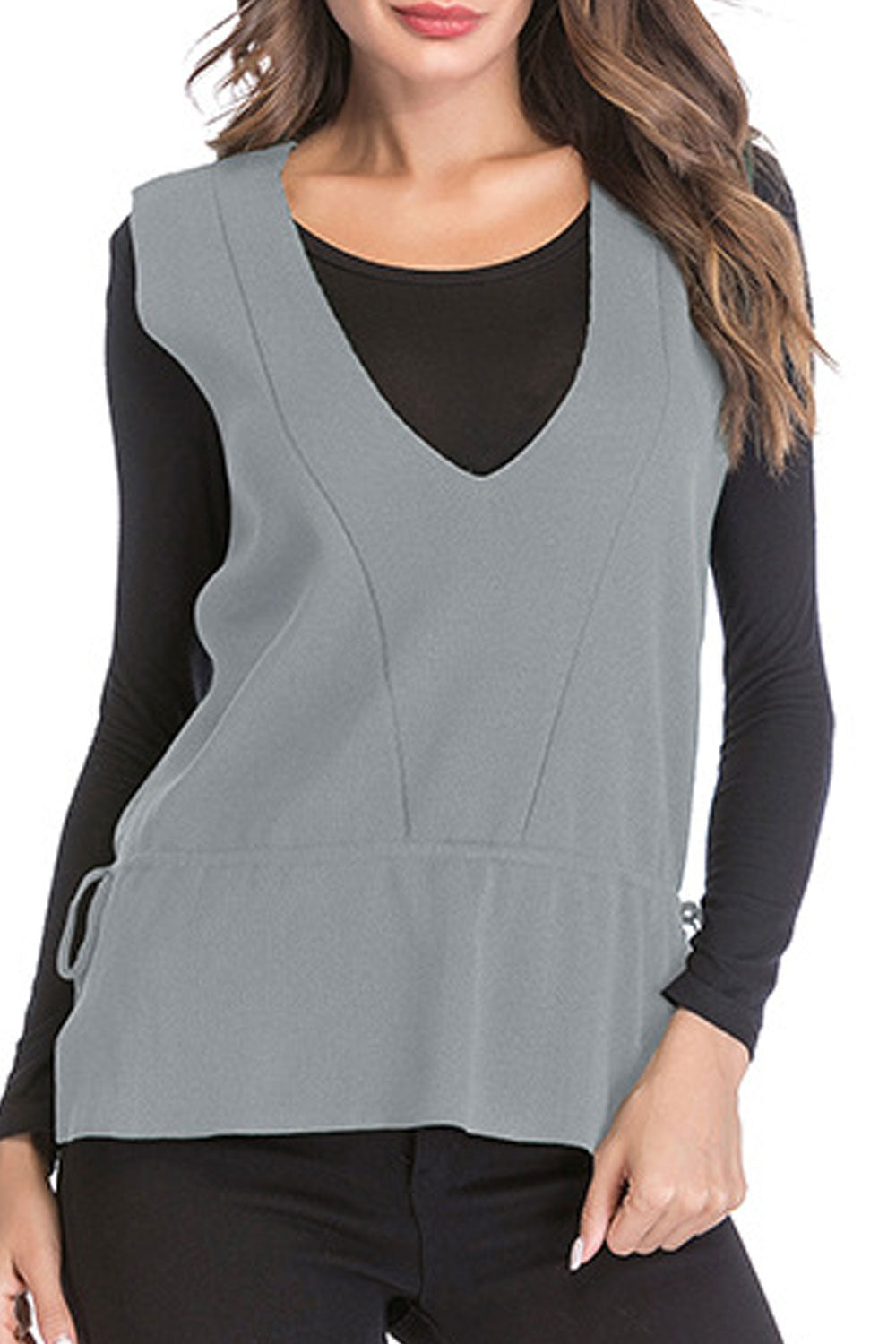 Women Restful Deep V-Neck Beautiful Solid Colored Summer Sleeveless Casual Knitted Sweater