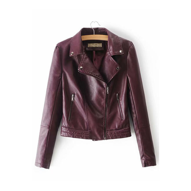 Women Long Sleeve Spread Collar Leather Jacket