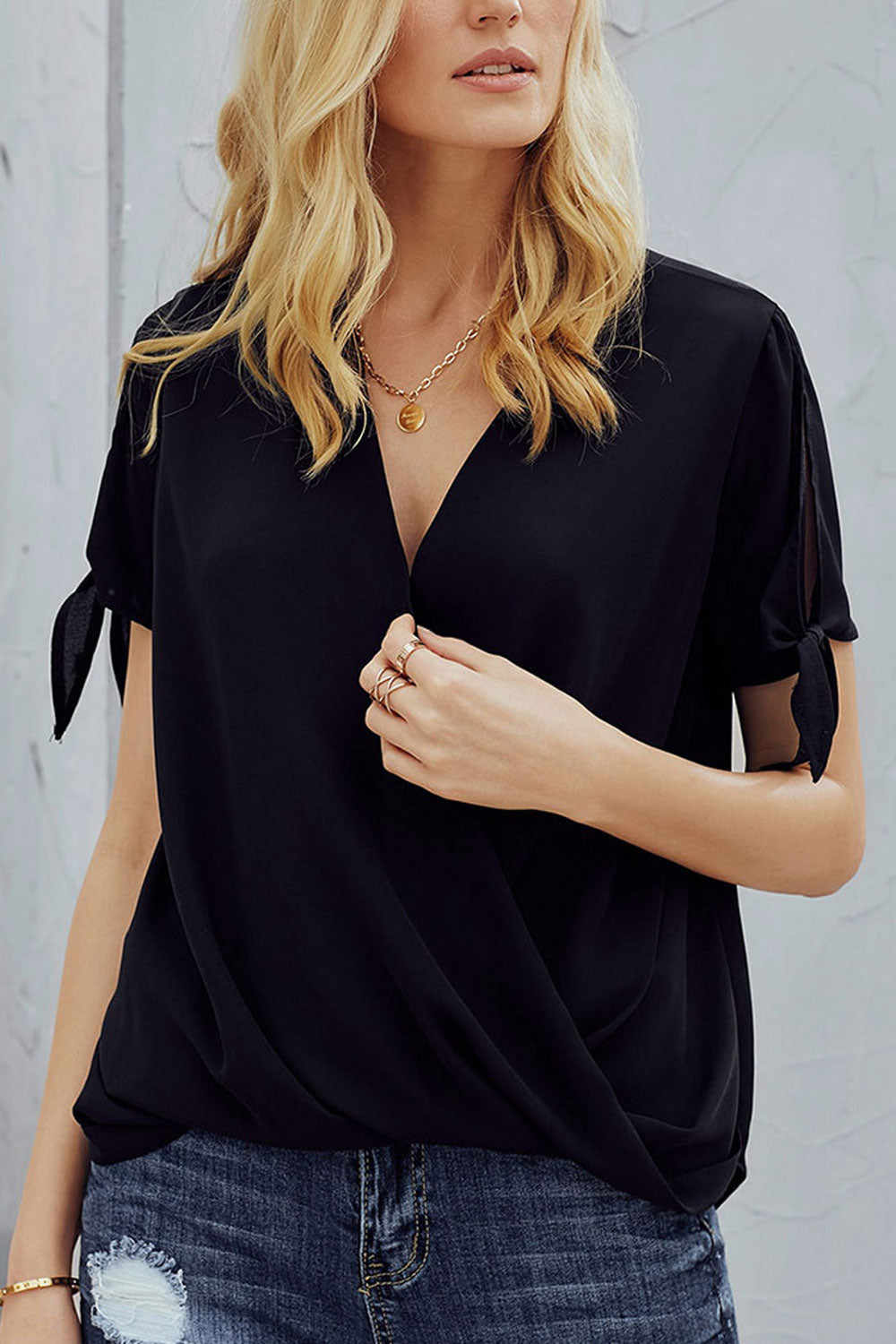 Women Deep V-Neck Breathable Short Sleeve Solid Pattern T-Shirt