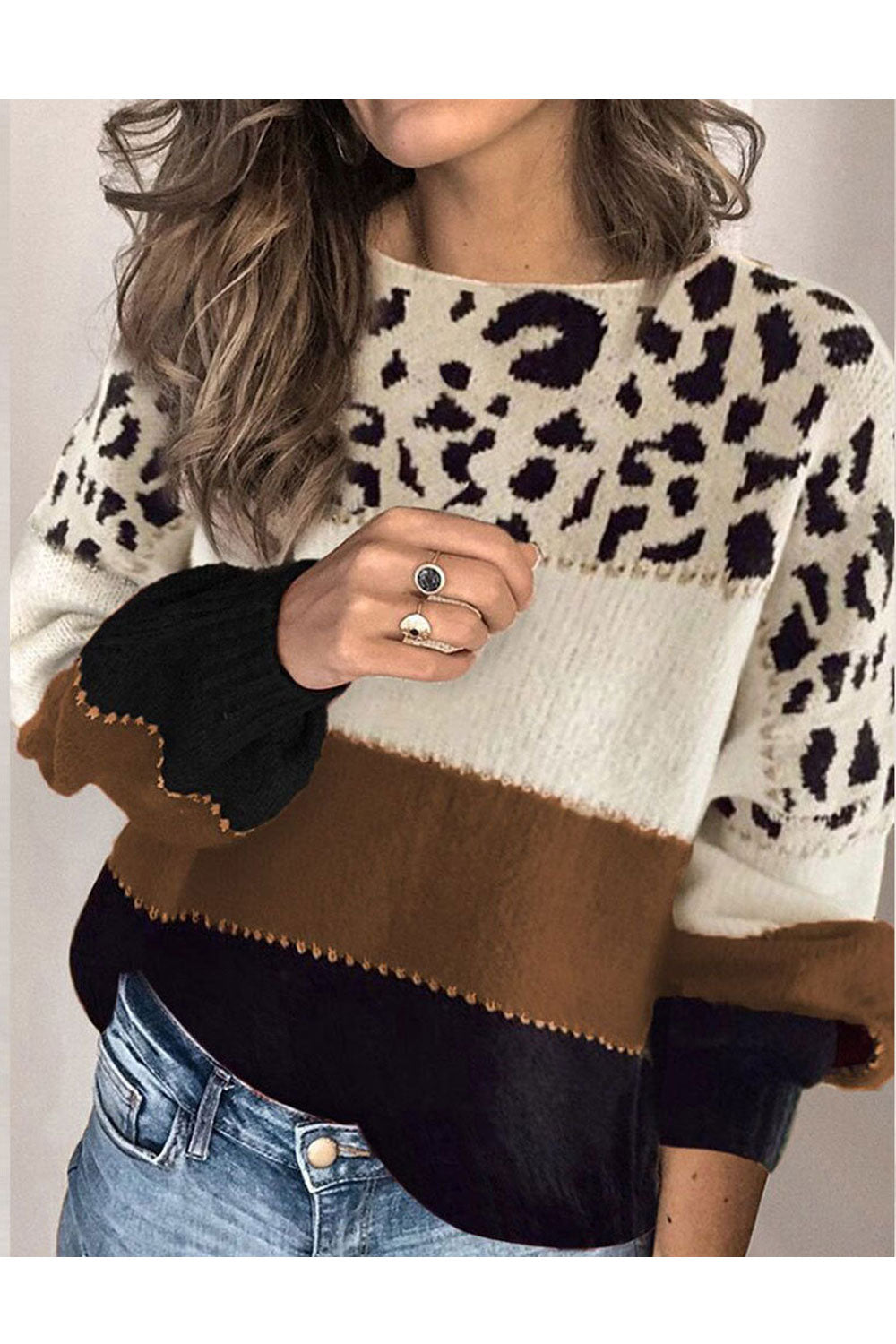 Women Stylish Leopard Printed Stripe Pattern Stretchable Fabric Crafted Fashionic Knitted Winter Sweater