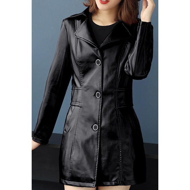 Women Warm Caot Style Button Closure Leather Jacket