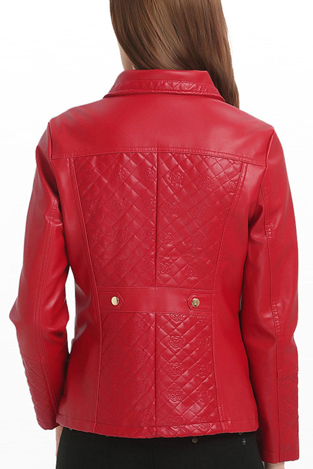 Women Classy Lattice Zipper Button Closure Leather Jacket
