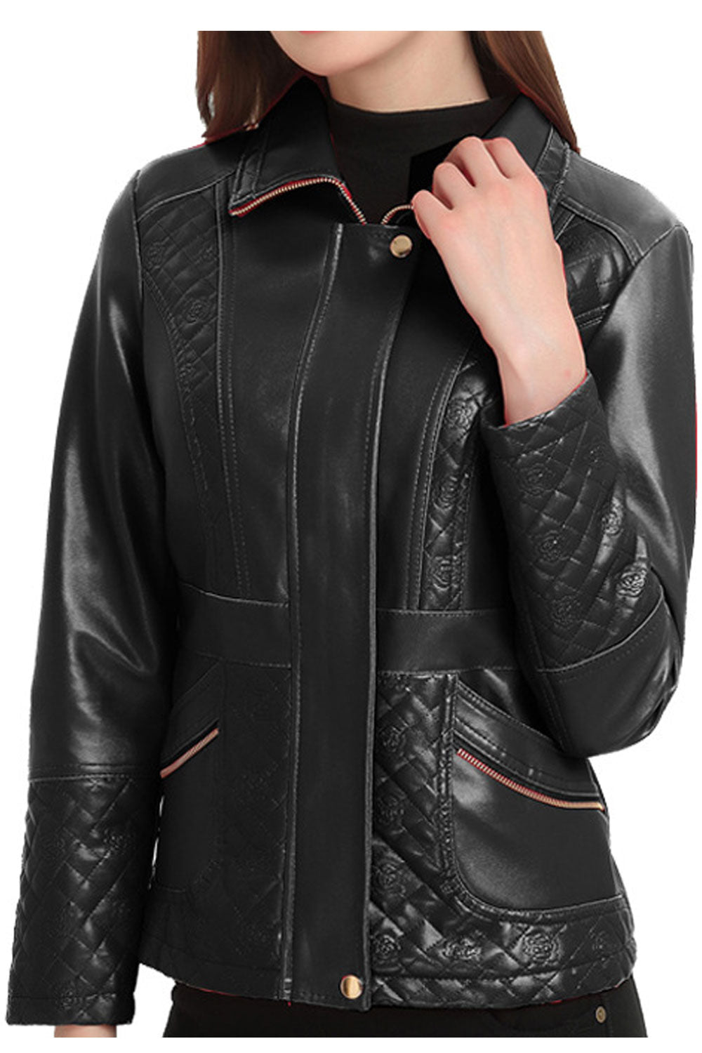 Women Classy Lattice Zipper Button Closure Leather Jacket