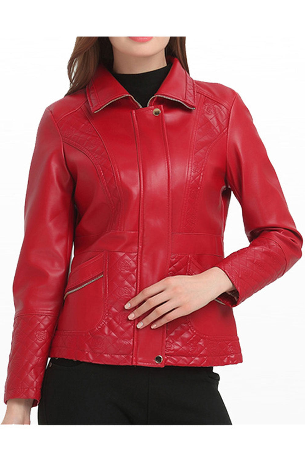 Women Classy Lattice Zipper Button Closure Leather Jacket