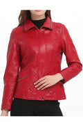 Women Classy Lattice Zipper Button Closure Leather Jacket