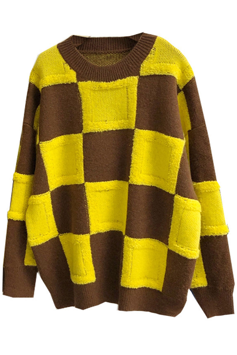 Women Specially Design Plaid Pattern Round Neck Long Sleeve Comfy Knitted Warm Winter Sweater