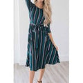 Women Striped Round Neck Tie Waist Dress