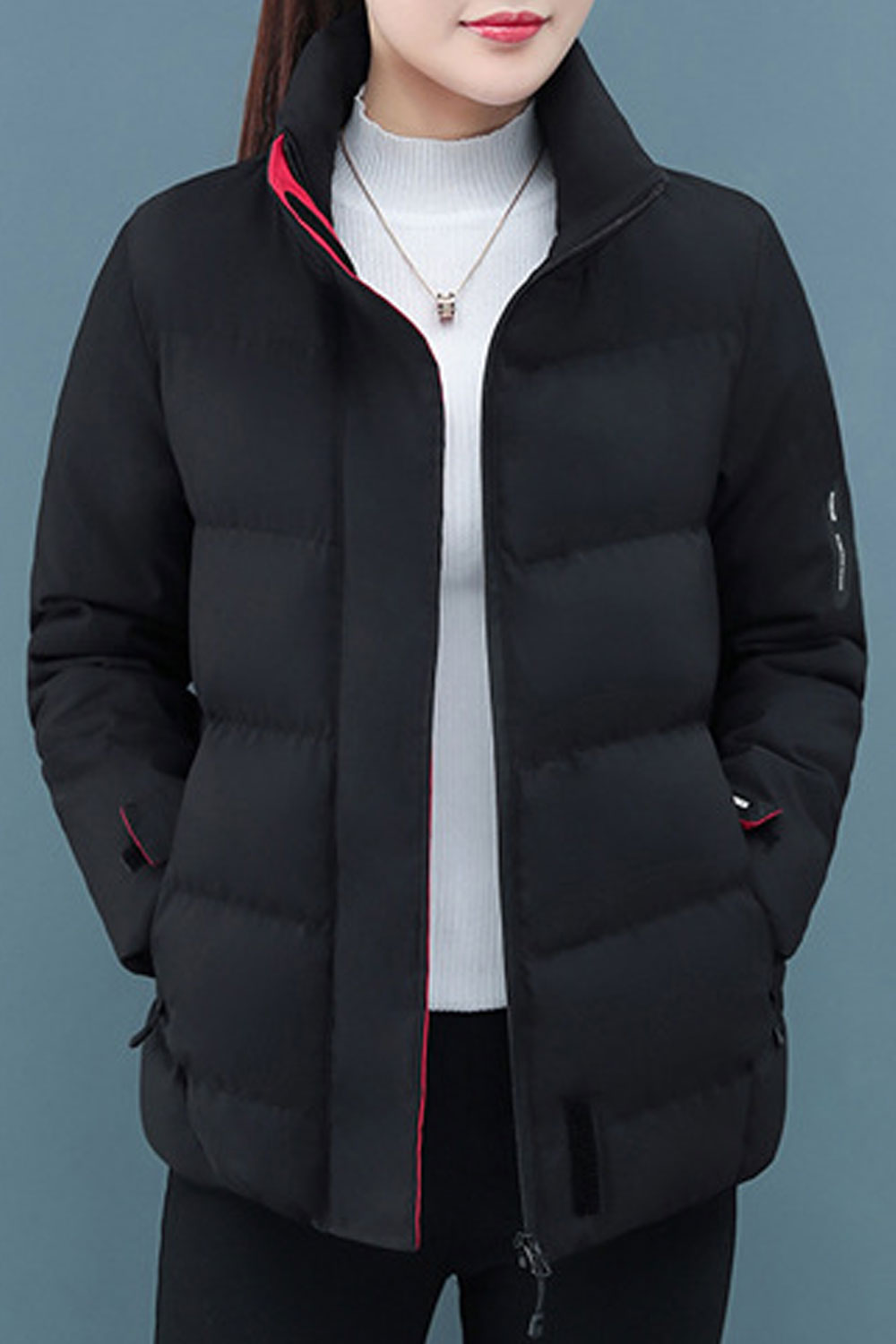 Women Soothing Hooded Neck Knitted Ribbed Cuff Contrast Zippered Pocket Front Fastener Velcro Style Winter Padded Jacket