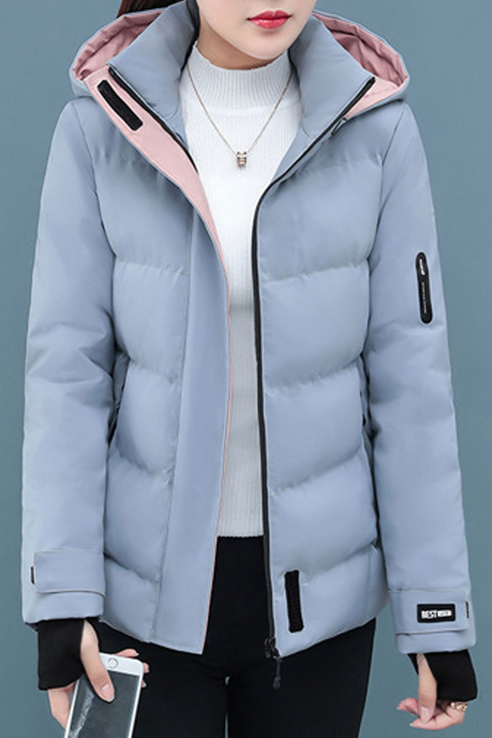 Women Soothing Hooded Neck Knitted Ribbed Cuff Contrast Zippered Pocket Front Fastener Velcro Style Winter Padded Jacket