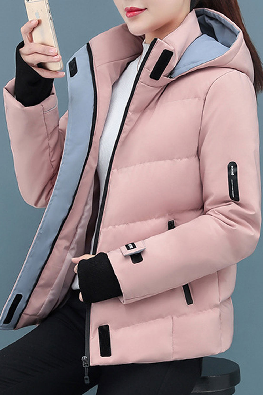 Women Soothing Hooded Neck Knitted Ribbed Cuff Contrast Zippered Pocket Front Fastener Velcro Style Winter Padded Jacket