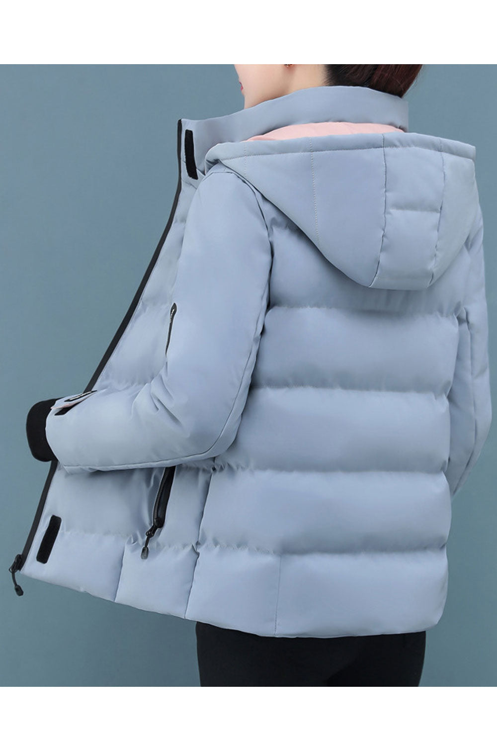 Women Soothing Hooded Neck Knitted Ribbed Cuff Contrast Zippered Pocket Front Fastener Velcro Style Winter Padded Jacket