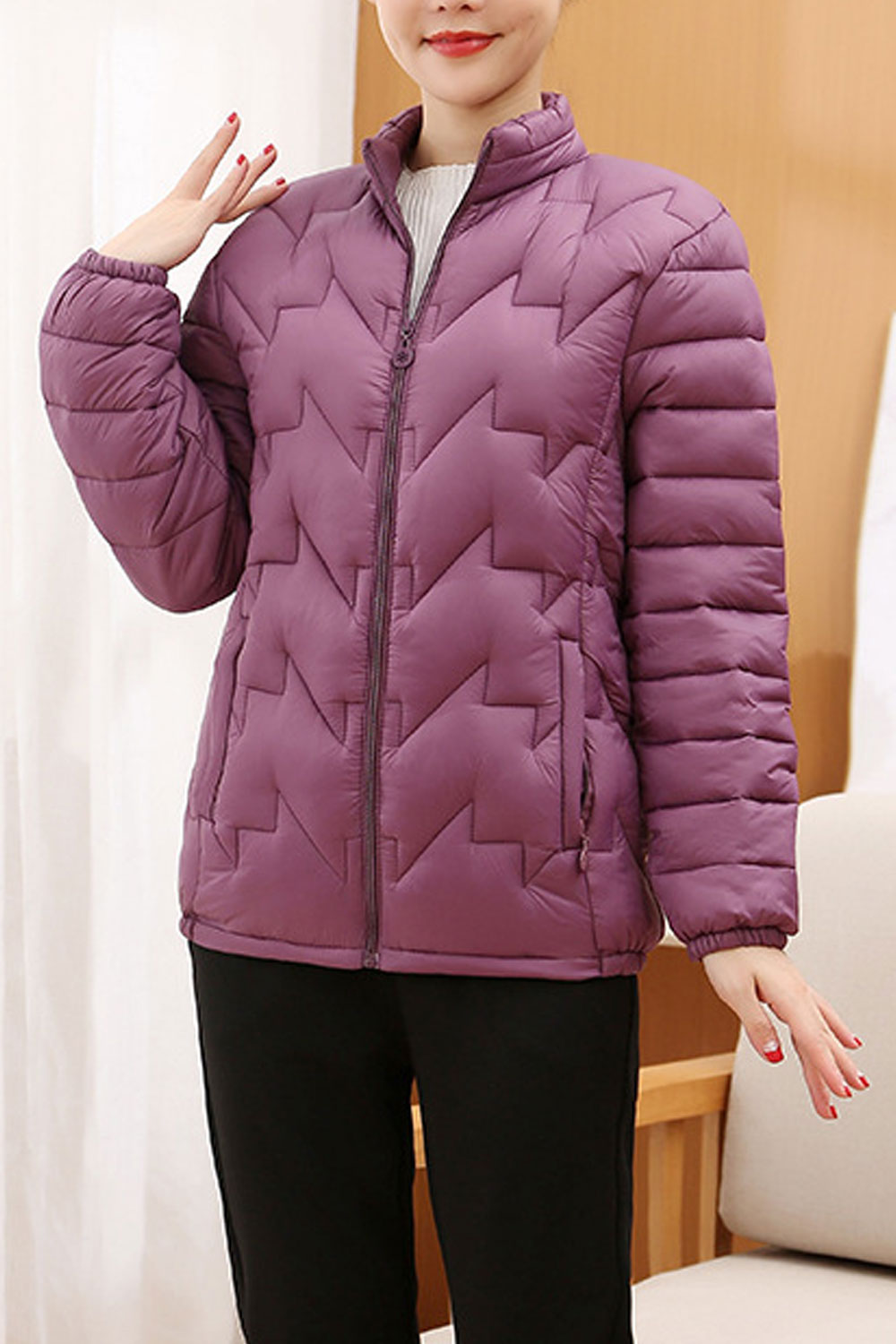 Women Windproof Stand Collar Neck Side Pocket Front Zipp Fastener Dilute Winter Padded Jacket