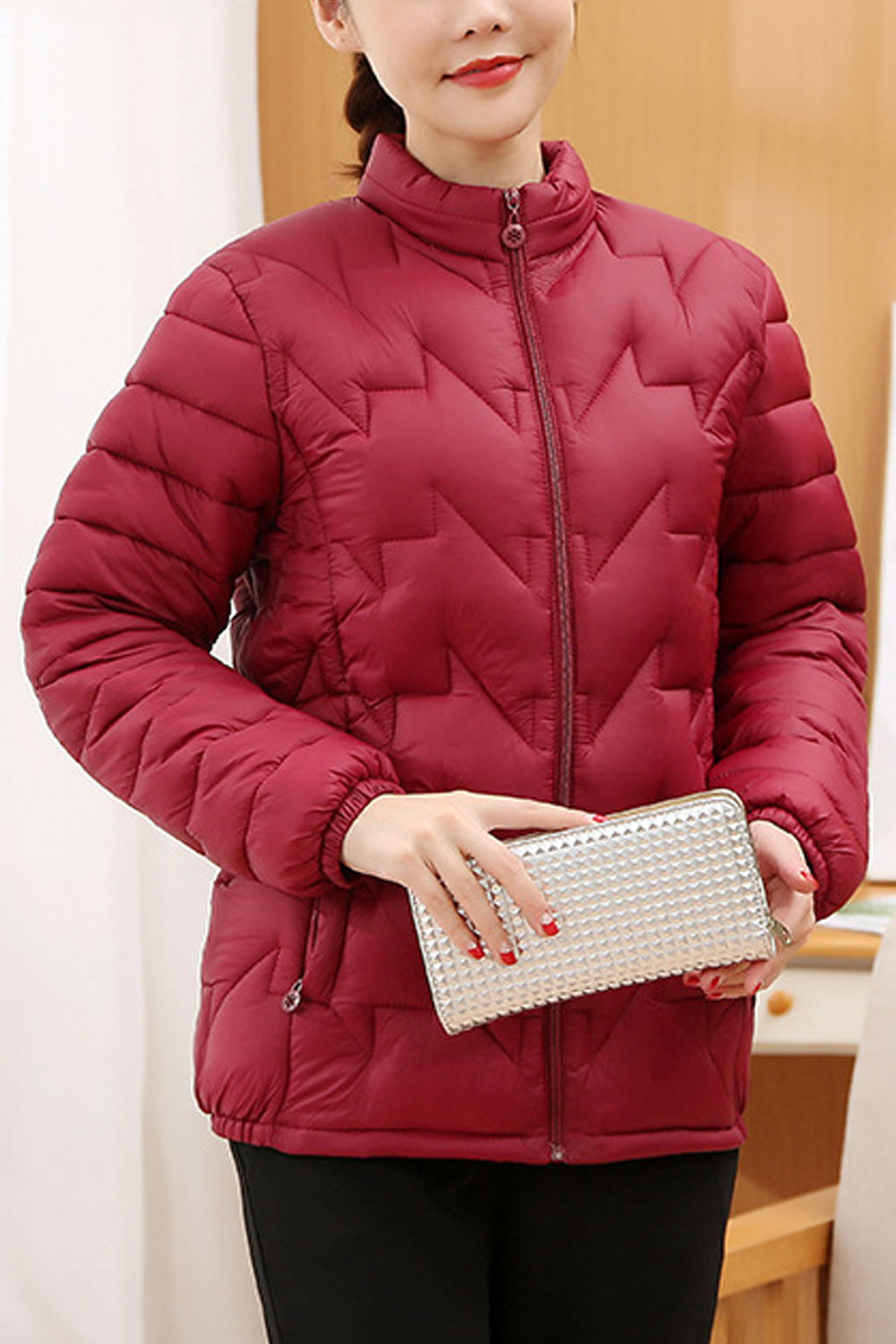 Women Windproof Stand Collar Neck Side Pocket Front Zipp Fastener Dilute Winter Padded Jacket