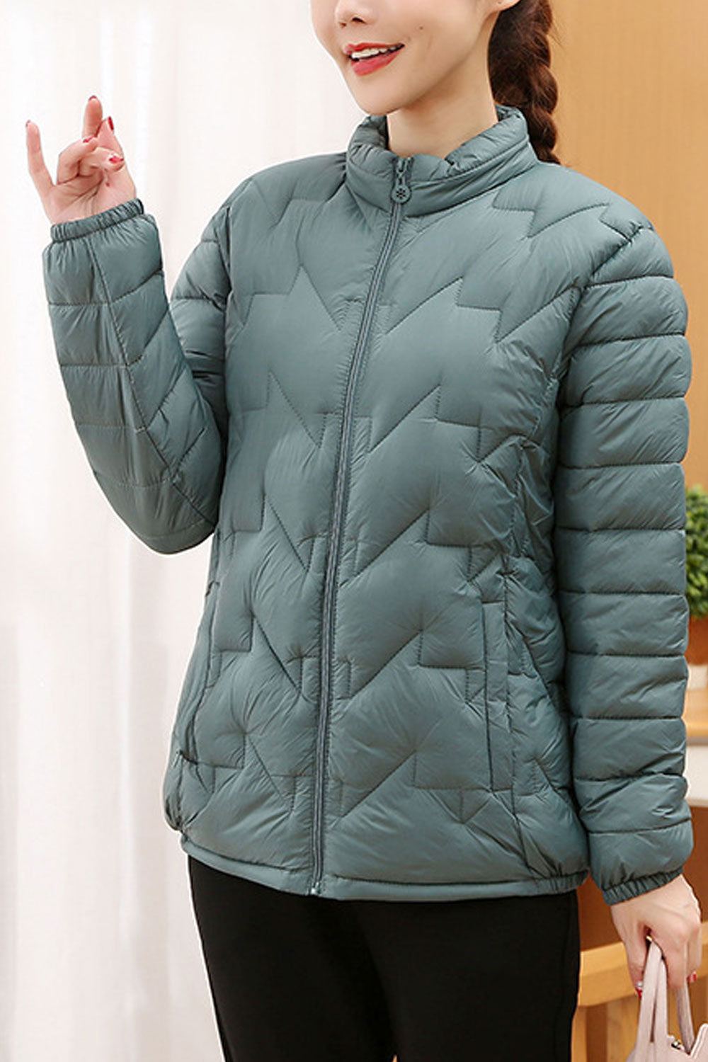 Women Windproof Stand Collar Neck Side Pocket Front Zipp Fastener Dilute Winter Padded Jacket