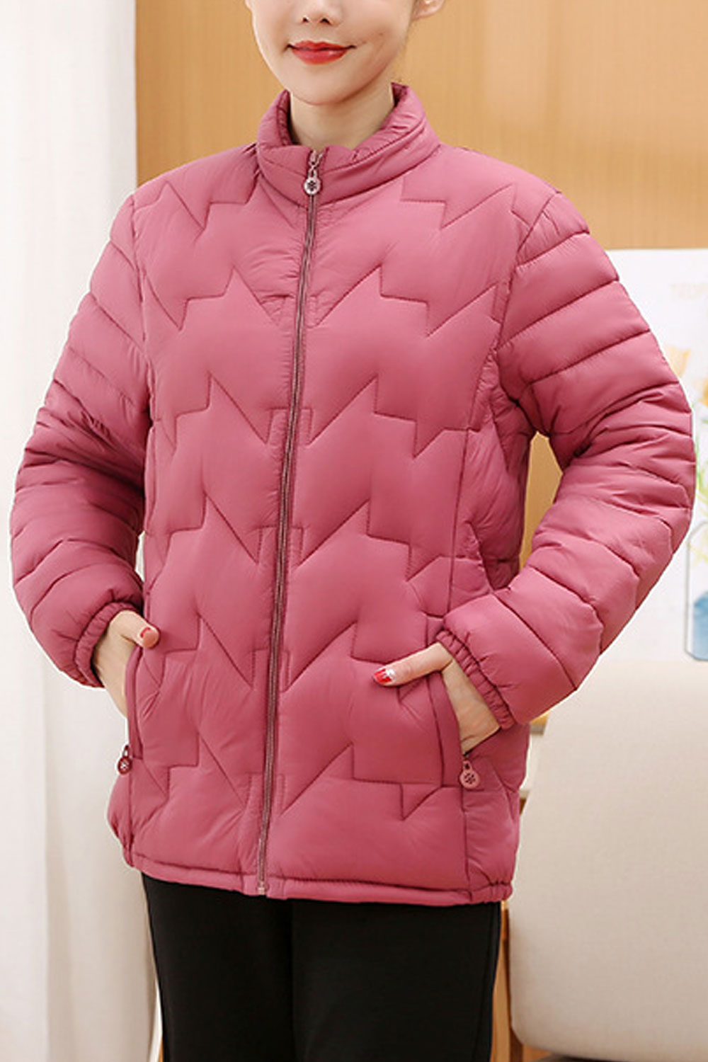 Women Windproof Stand Collar Neck Side Pocket Front Zipp Fastener Dilute Winter Padded Jacket