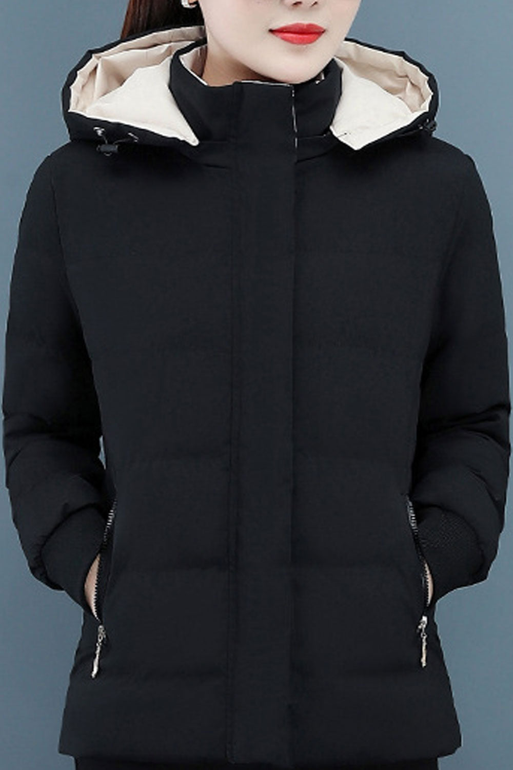 Women Excruciating Hooded Neck Knitted Ribbed Cuff Side Zip Pocket & Easy Front Zip Fastener Soft Winter Padded Jacket