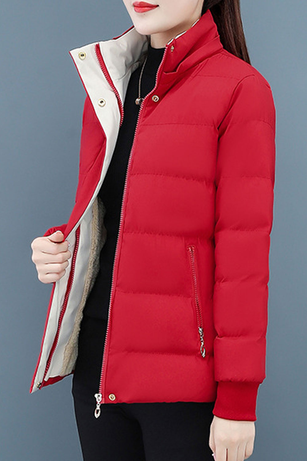 Women Excruciating Hooded Neck Knitted Ribbed Cuff Side Zip Pocket & Easy Front Zip Fastener Soft Winter Padded Jacket