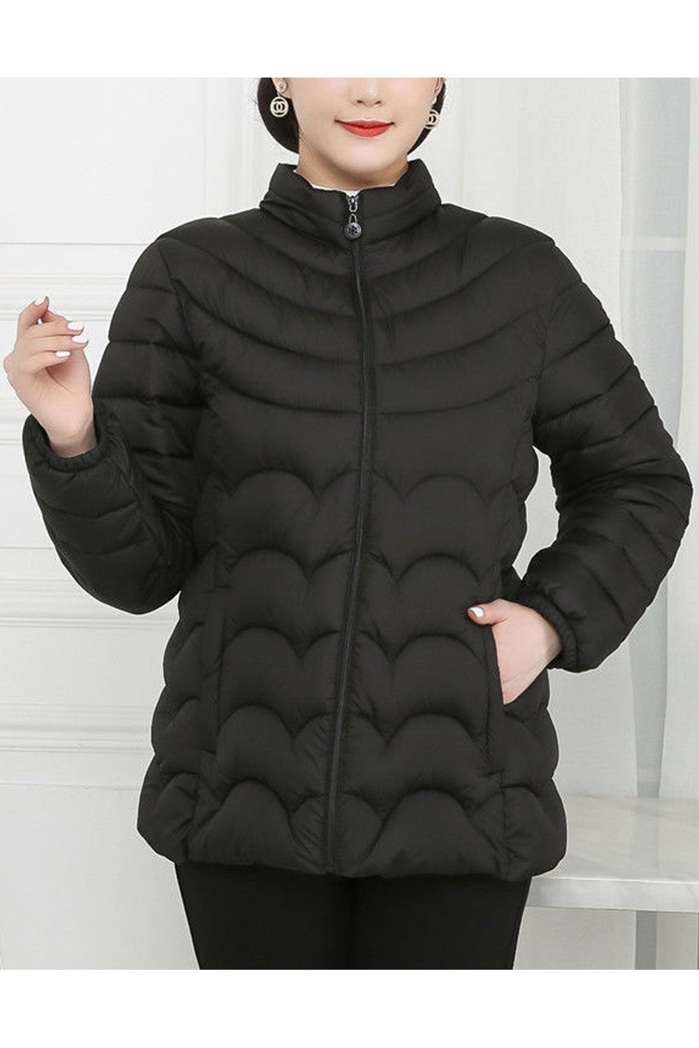 Women Lavender Stand Up Collar Neck Stretchable Cuff Side Slash Pocket & Front Easy Zip Fastener Cozy Winter Padded Jacket