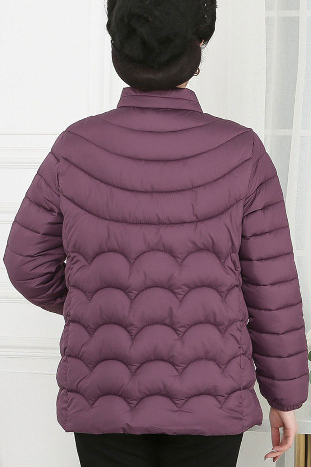 Women Lavender Stand Up Collar Neck Stretchable Cuff Side Slash Pocket & Front Easy Zip Fastener Cozy Winter Padded Jacket